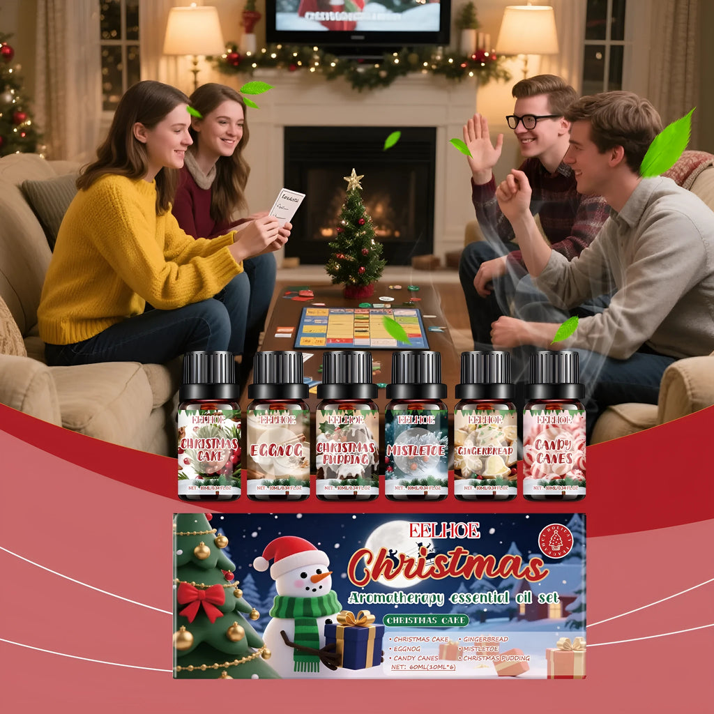 Christmas aromatherapy oil set showing six bottles including 60ml and 10ml sizes for festive home fragrance