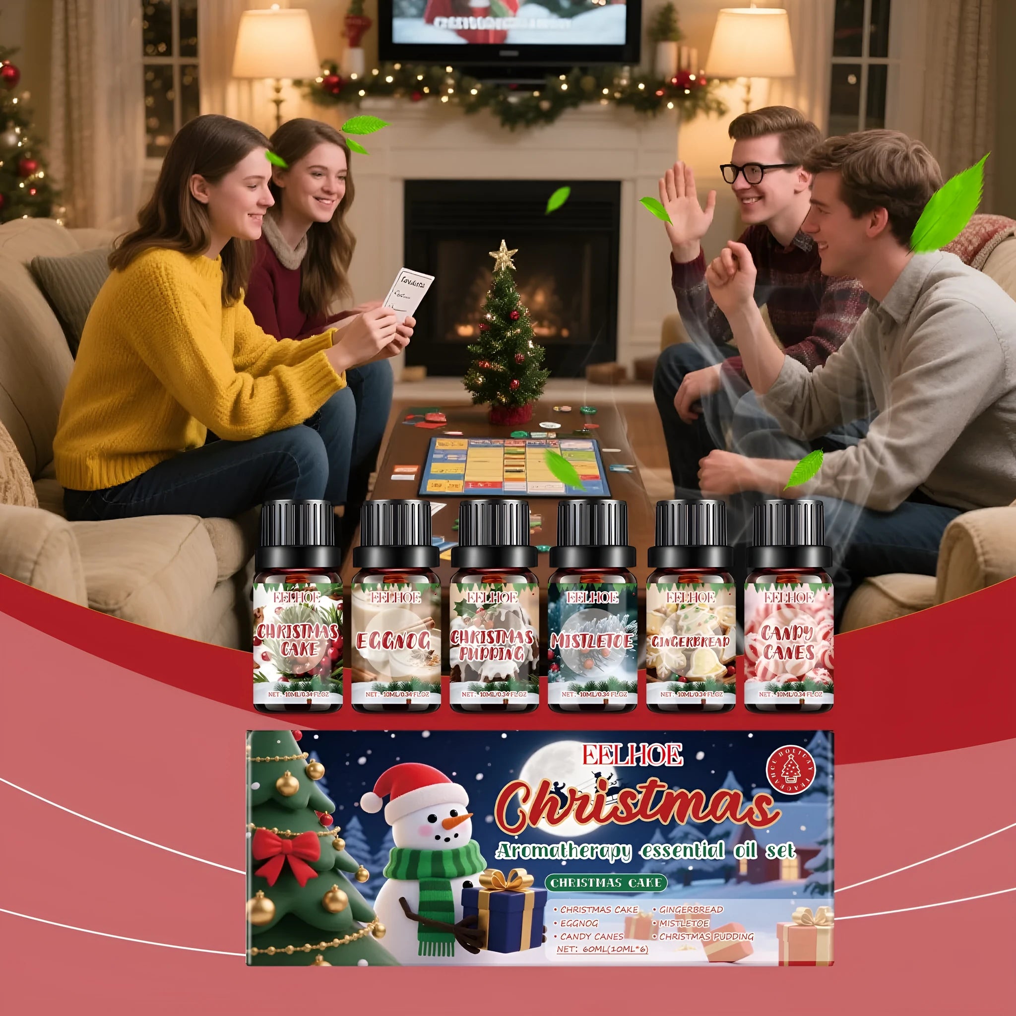 Christmas aromatherapy oil set showing six bottles including 60ml and 10ml sizes for festive home fragrance