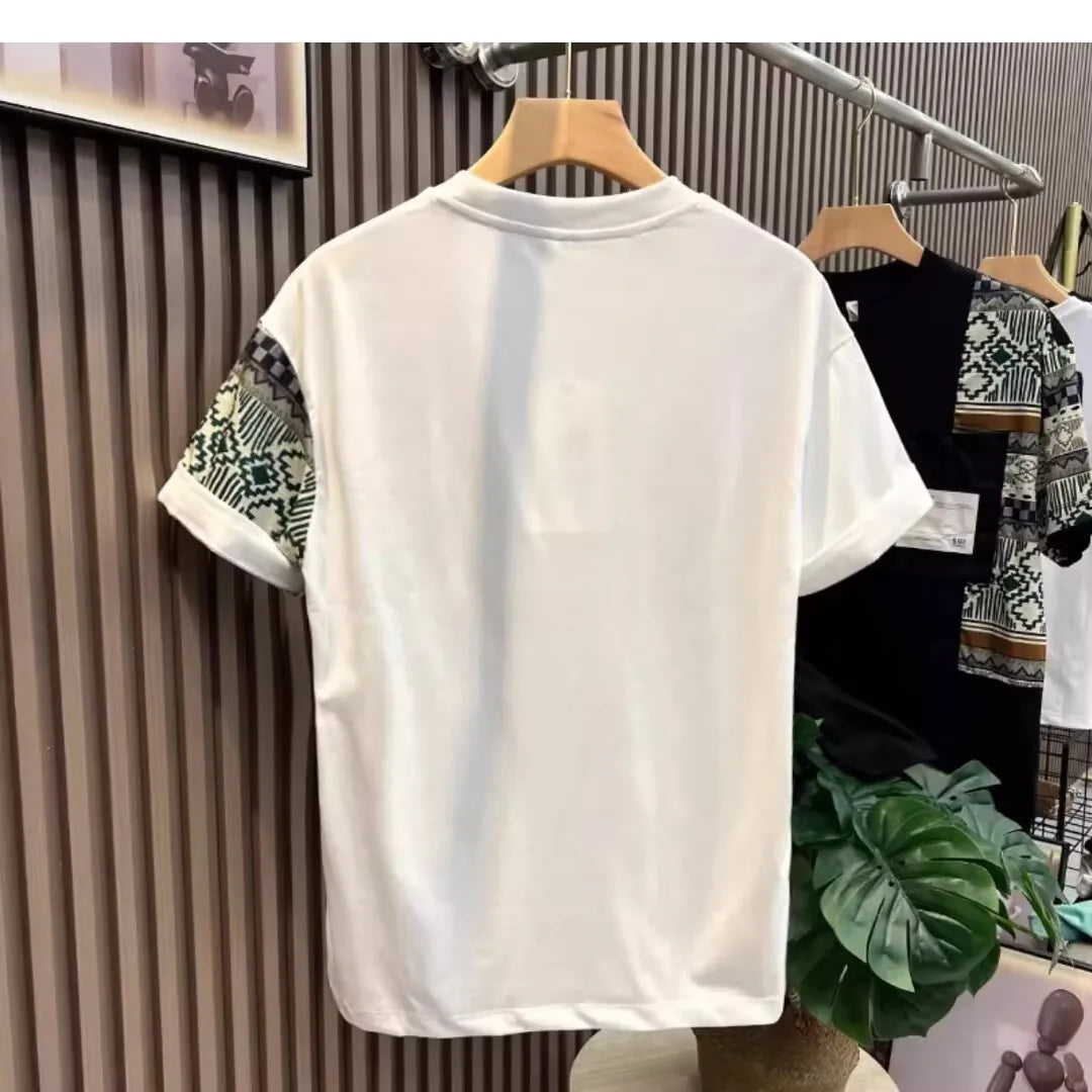 Men's camouflage slim fit polyester pullover T-shirt in black, front view, for summer daily wear.