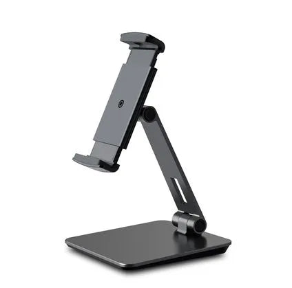 Foldable aluminium phone and tablet stand with black silicone protection showing 360-degree rotation capability