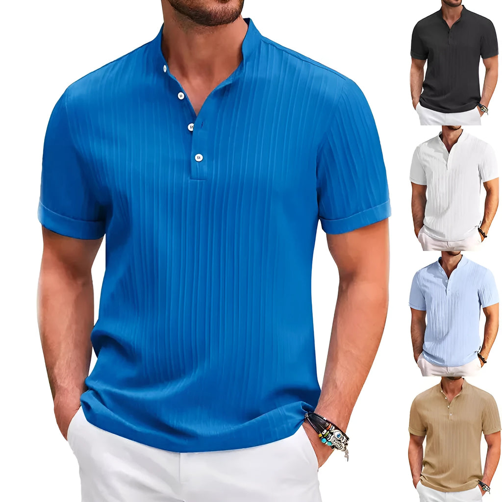 Men's summer short sleeve polo shirt with stand collar and buttons in solid colour stripe, loose fit, black colour option