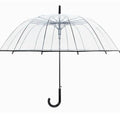 Transparent 16-rib umbrella with long black handle fully opened showing steel frame structure