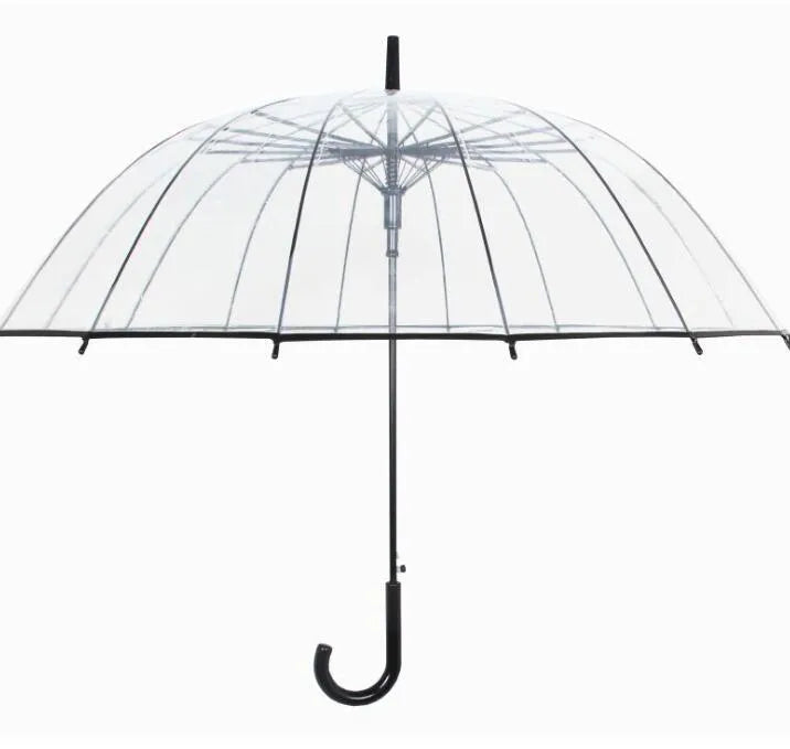 Transparent 16-rib umbrella with long black handle fully opened showing steel frame structure