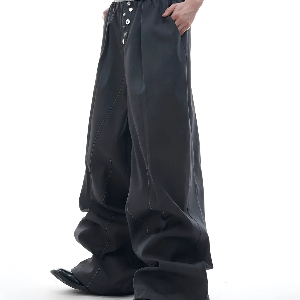 Straight-leg trousers with button-open seam design in black or grey polyester-cotton blend