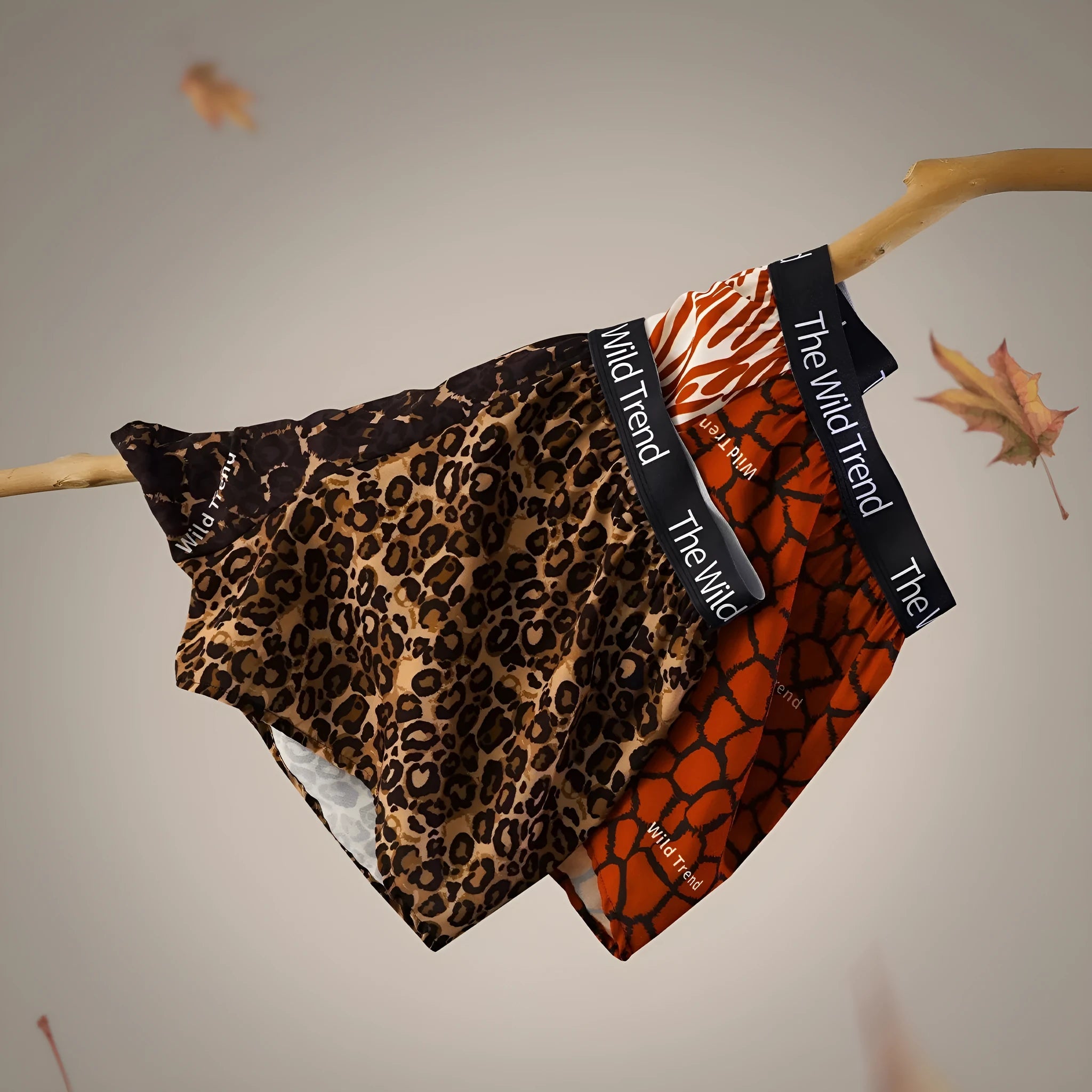 Leopard print men's casual woven shorts on a mid-waist, showing the quick-dry ice silk fabric texture.