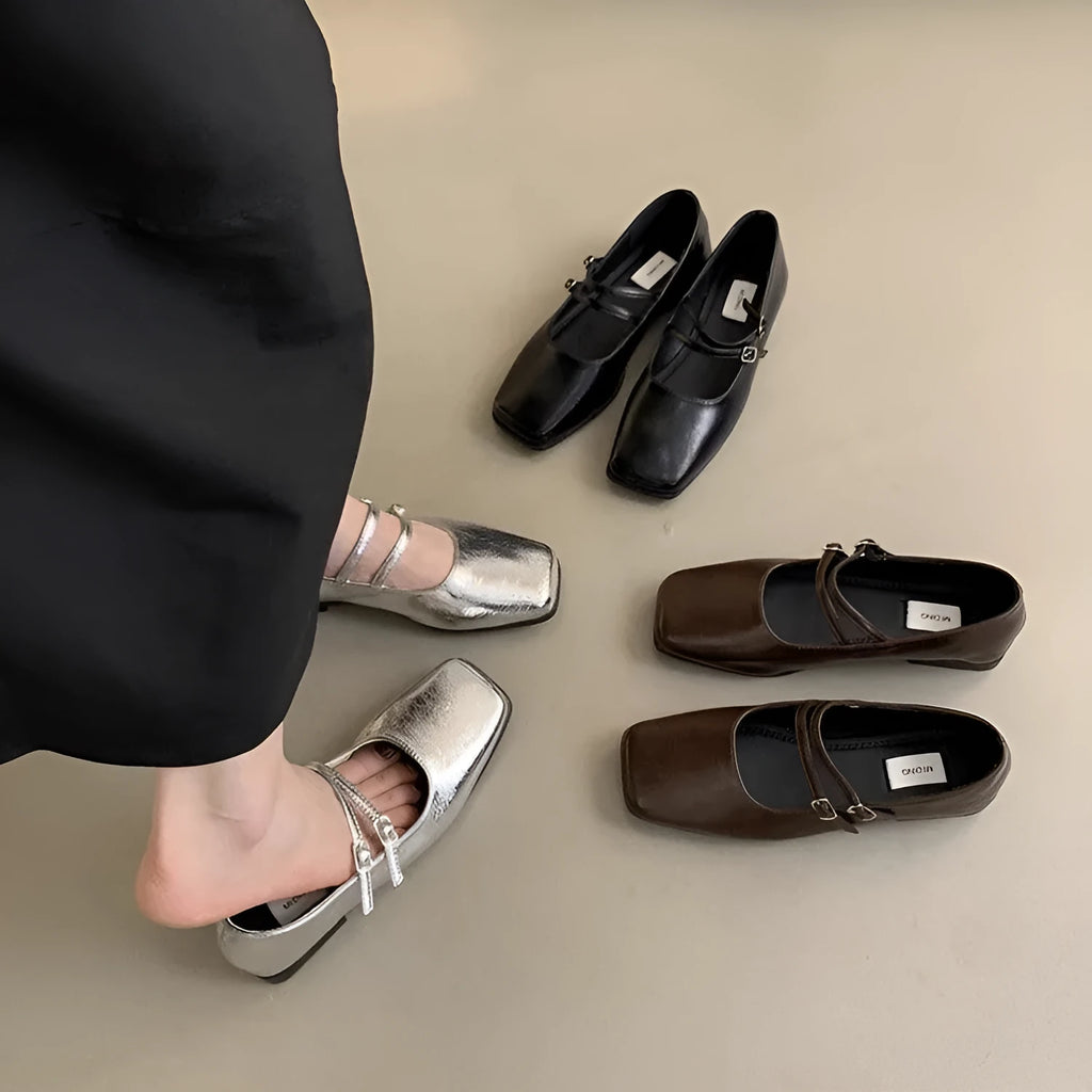 Women's low heel square toe evening shoes in silver, brown, and black solid colours, size 35-39