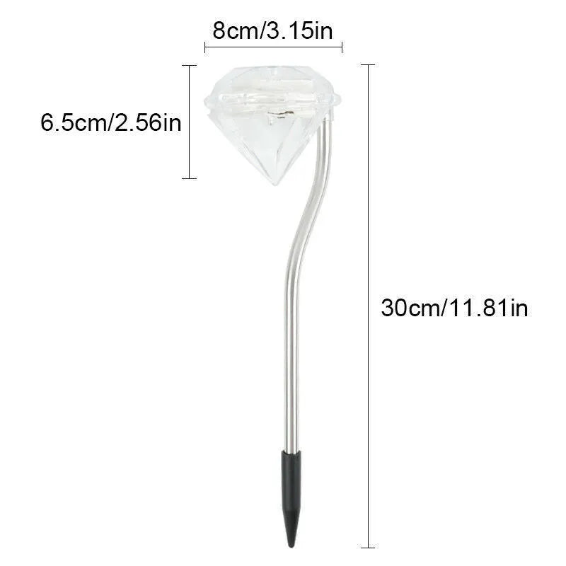 Solar-powered diamond-shaped garden light with solar panel on adjustable stake.