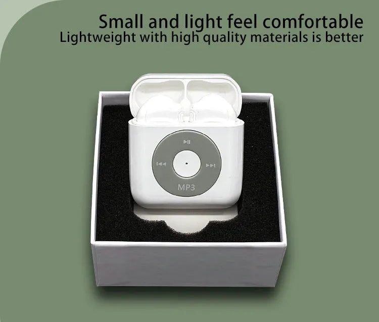 White wireless Bluetooth earphones and matching charging case with 32GB storage on a grey background.