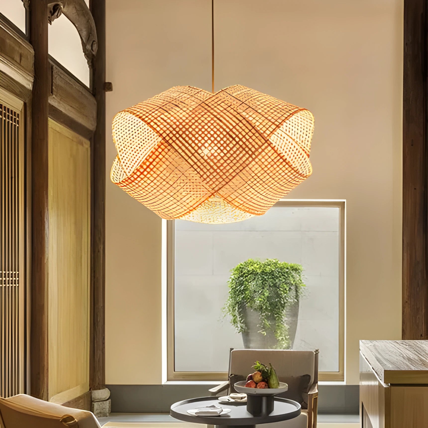 Bamboo woven rattan ceiling lamp in new Chinese style with adjustable height for restaurant lighting