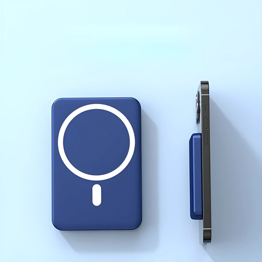 Ultra-thin portable power bank with magnetic wireless charging in black, blue, and white colour options