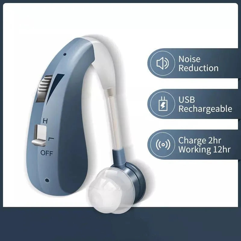 USB rechargeable hearing aid for elderly in blue and silver with double pack