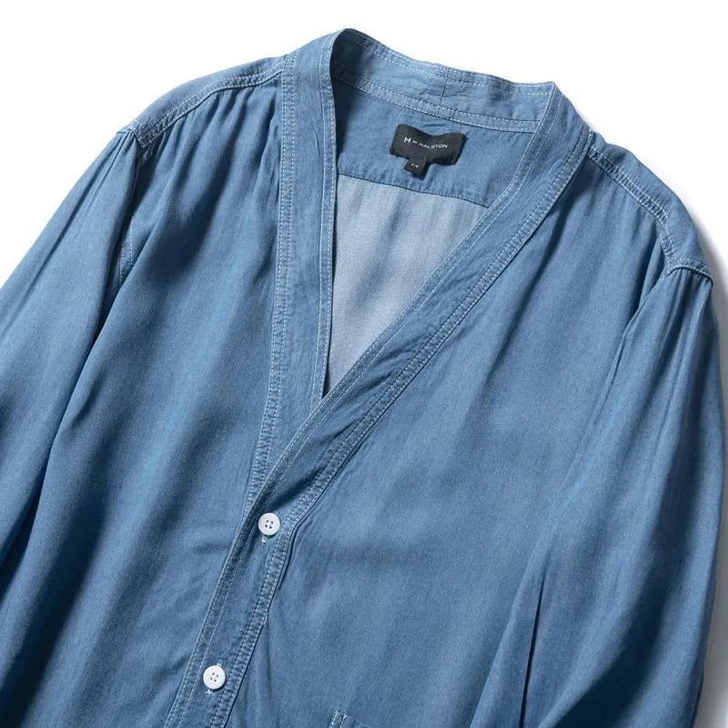 Men's dark blue V-neck denim coat with three-quarter sleeves and loose casual fit