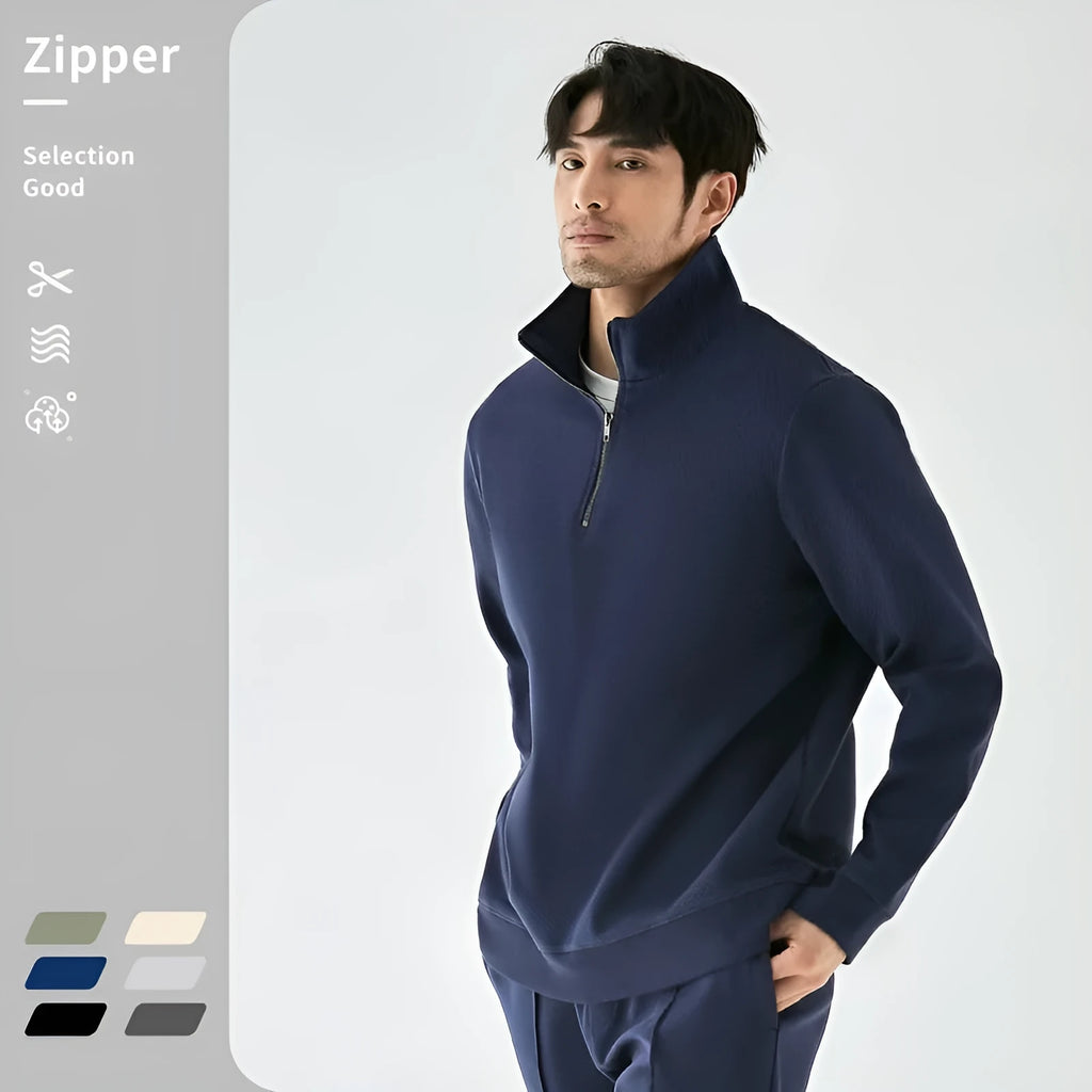 Heavyweight cotton zip-front sports sweater with stand collar in straight-cut pullover style
