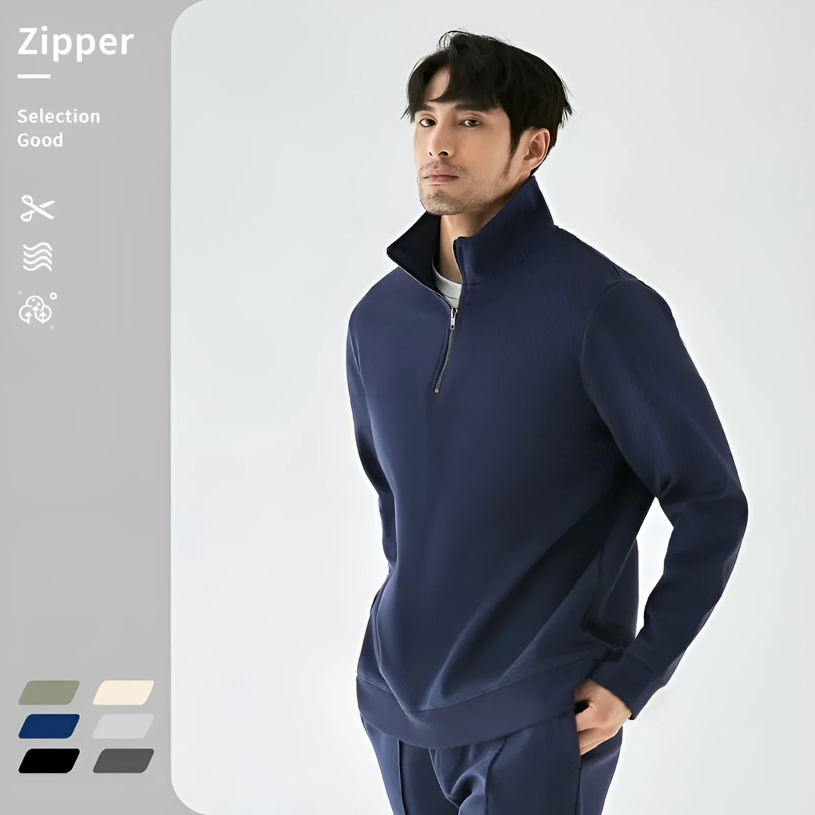 Heavyweight cotton zip-front sports sweater with stand collar in straight-cut pullover style