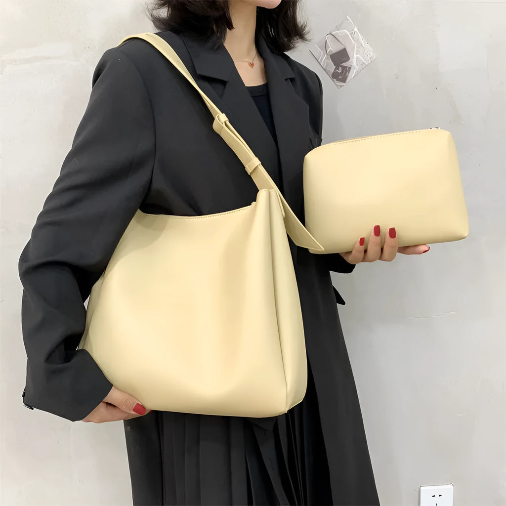 Women's large PU leather shoulder bag set with small bag in five colours white black khaki dark brown brown