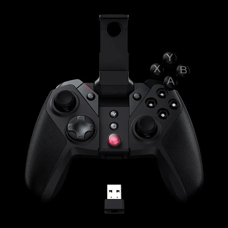 Black Gaishi wired USB Type-C game controller with textured grips on a dark surface.
