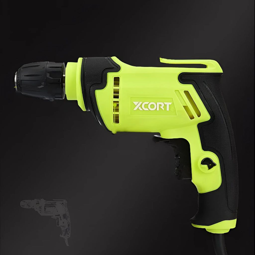 450W pistol grip electric drill power tool with a 10mm chuck on a workbench.
