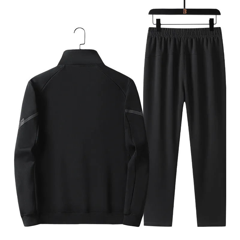 Men's plus-size knitted cotton sports leisure suit in black with jacket and trousers