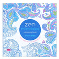 Square 21cm mandala colouring book with soft cover binder binding, shown open to a detailed pattern.