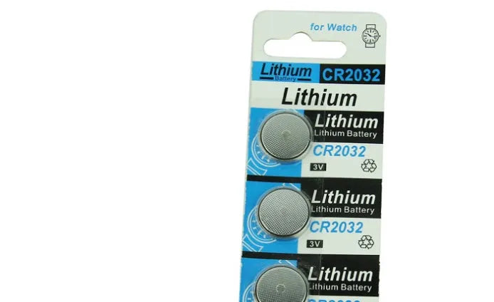 CR2032 3 volt lithium button battery cell with steel casing, 20mm diameter.