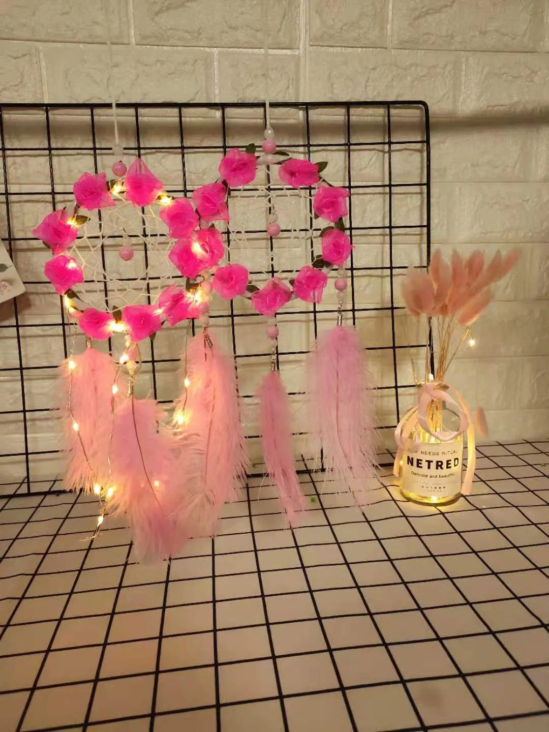 10cm pink ostrich feather dreamcatcher wall ornament with modern minimalist design