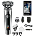Digital USB rechargeable beard trimmer with LED display on a black base.