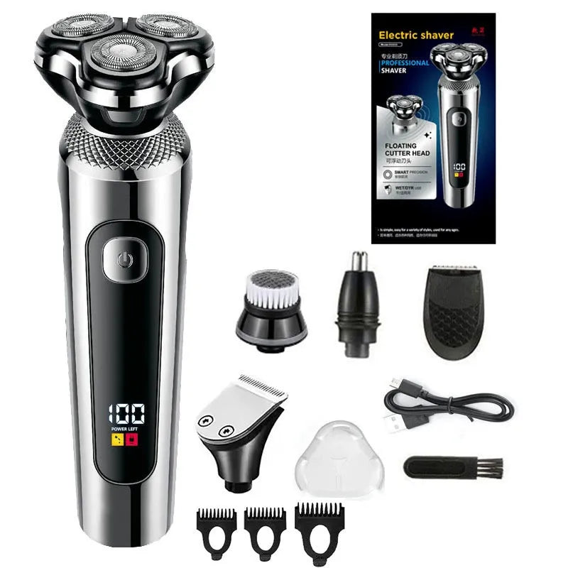 Digital USB rechargeable beard trimmer with LED display on a black base.