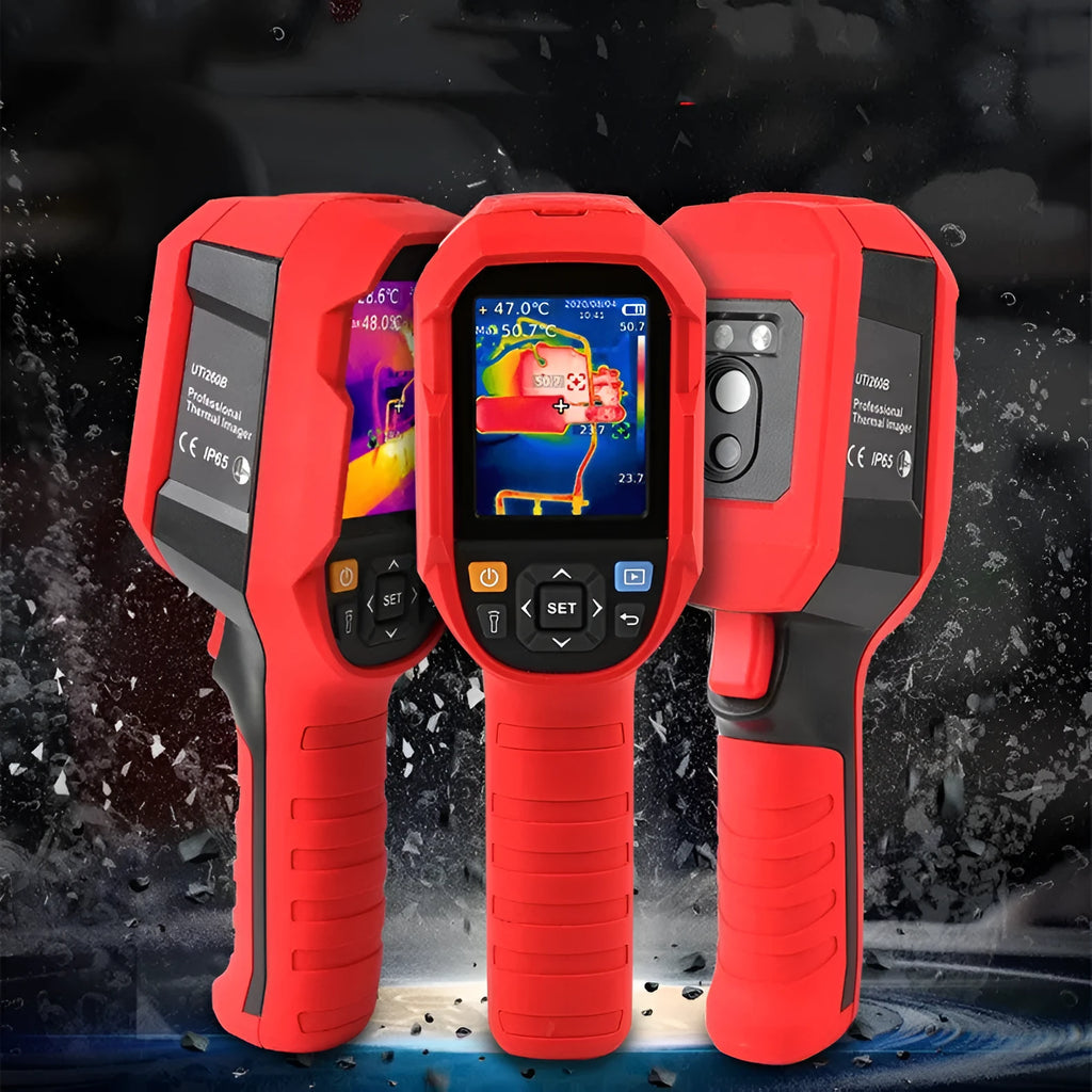 UTi series handheld infrared thermal imager with screen display on a workbench.