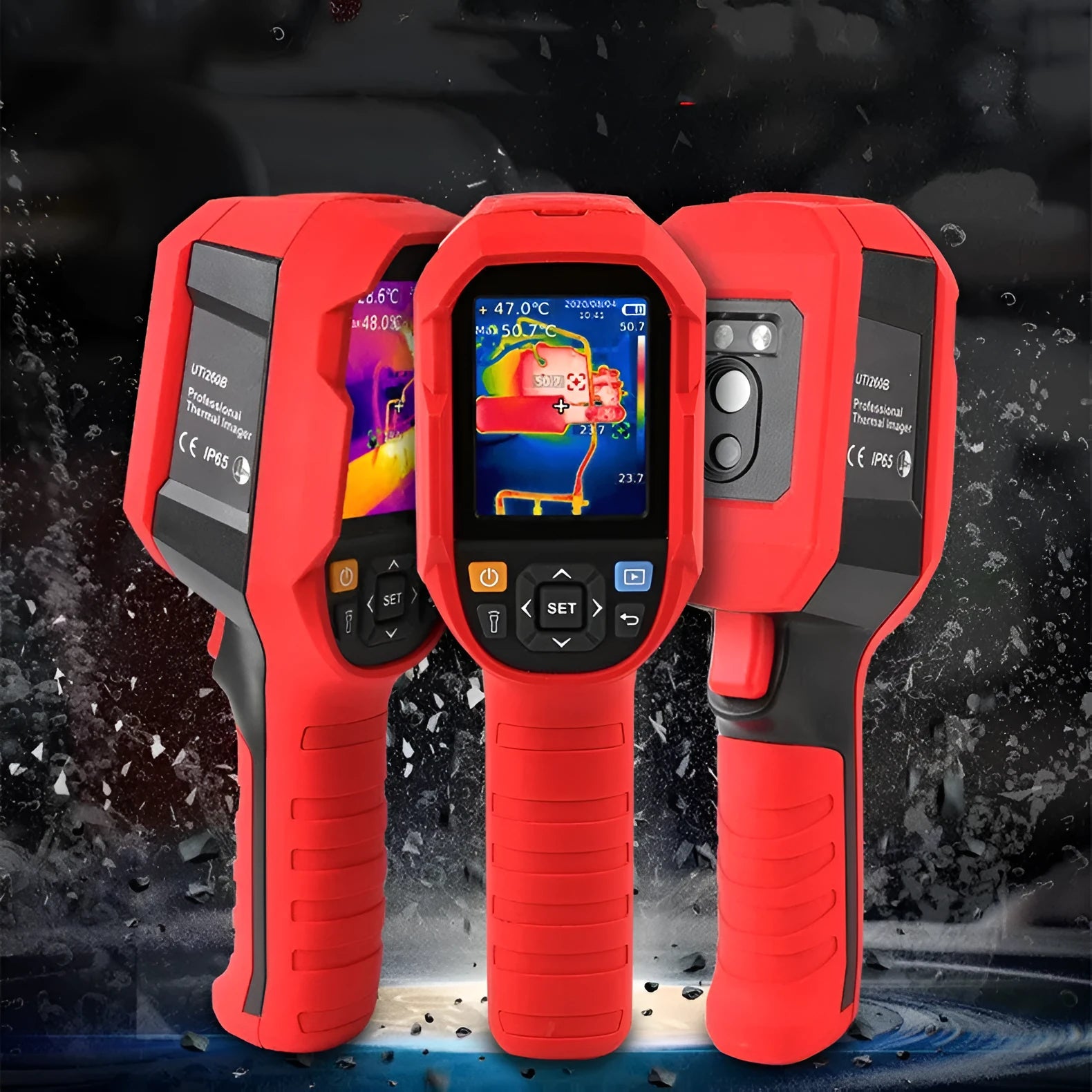 UTi series handheld infrared thermal imager with screen display on a workbench.