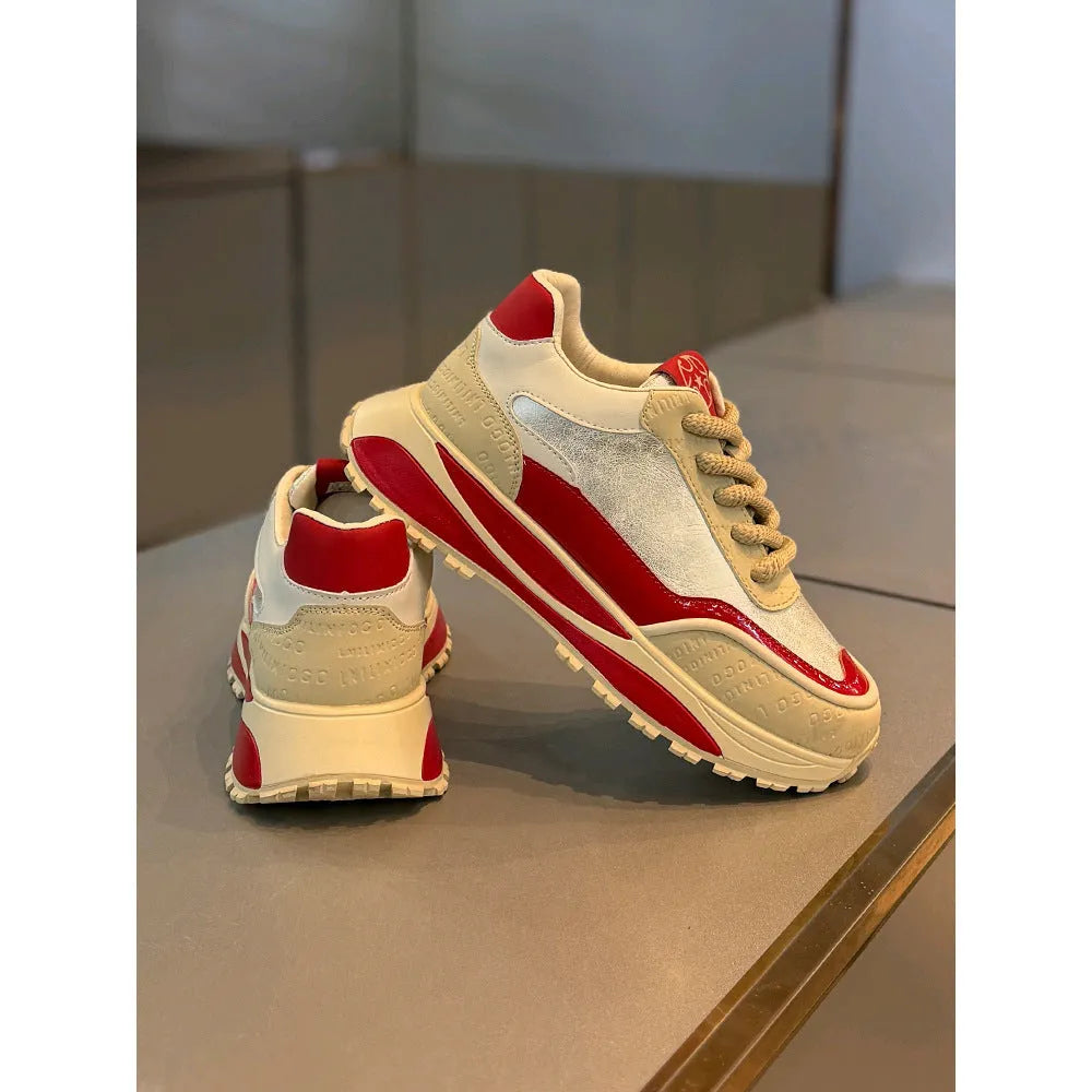 Men's thick sole retro lace-up casual shoes in synthetic leather, shown in beige red colour.