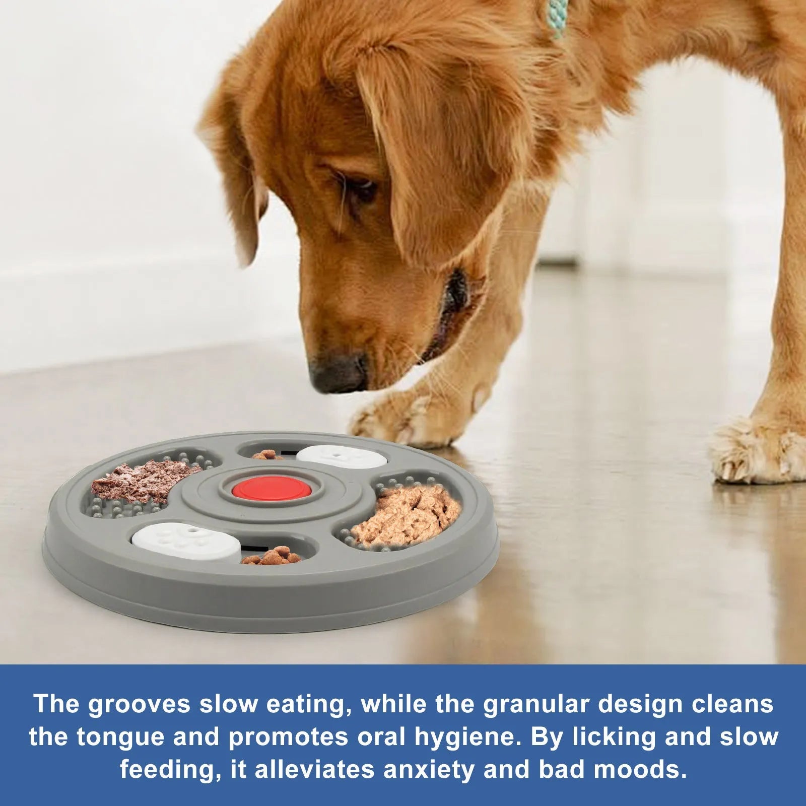 Blue and grey plastic slow feeder bowl for pets with anti-slip base and textured feeding surface.