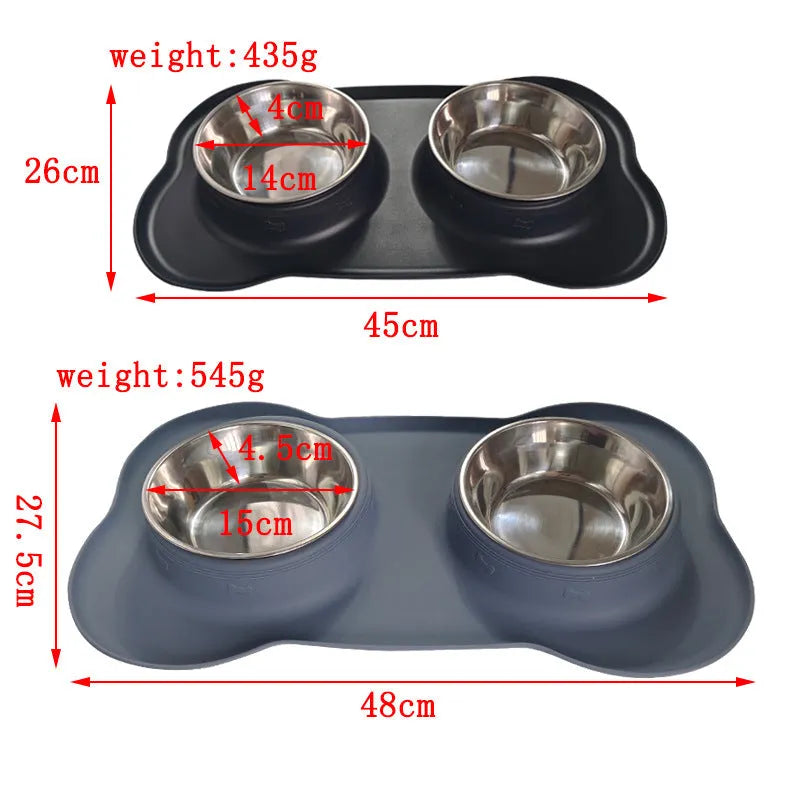 Silicone double compartment dog bowl with stainless steel inserts in blue colour