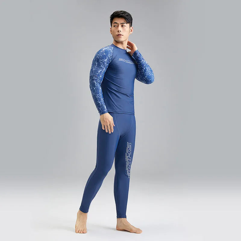 Men's two-piece swimwear set dark blue pattern nylon fabric extended sizes