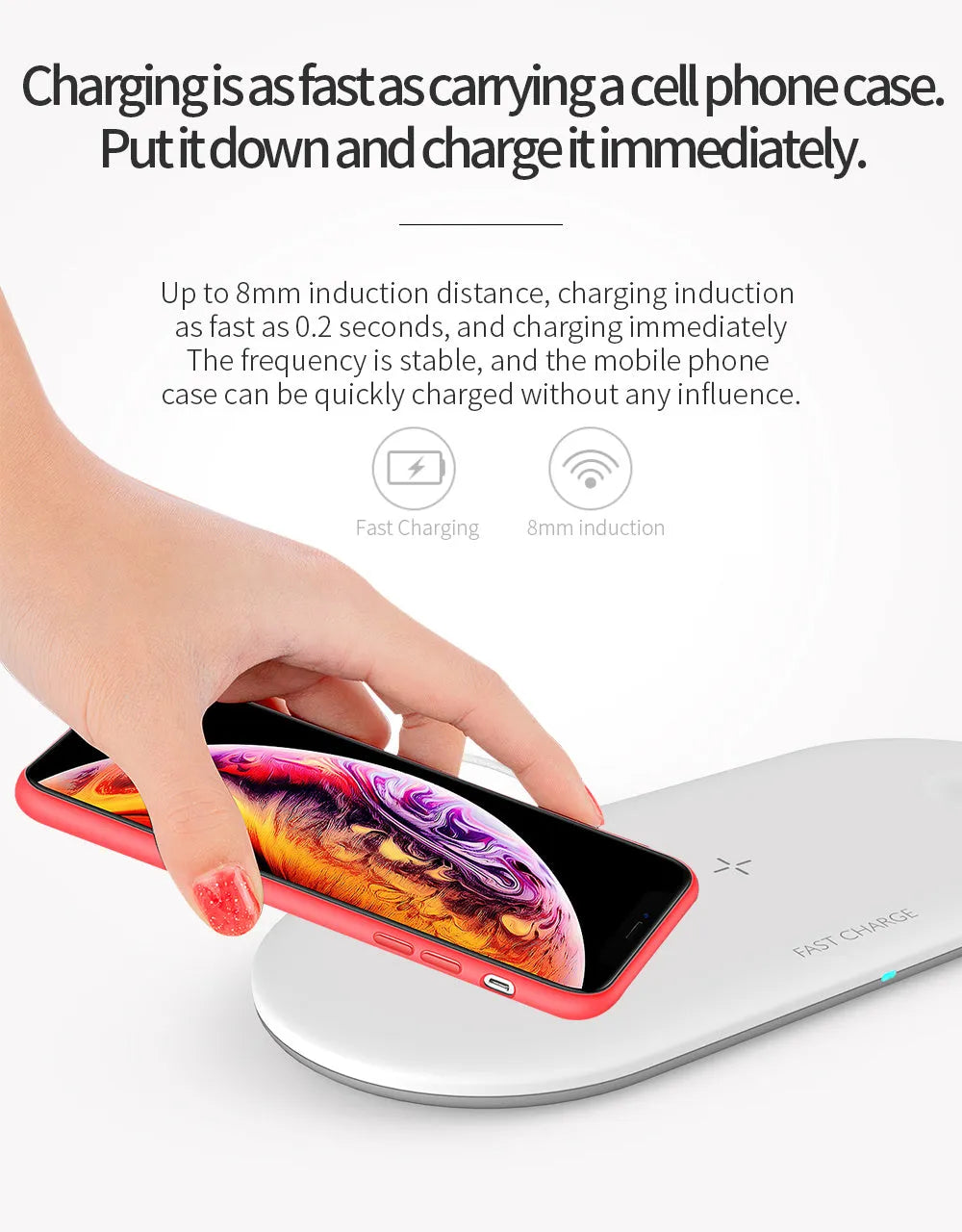 Black and white three-in-one wireless charging station for Apple iPhone, iWatch, and headphones on a desk.
