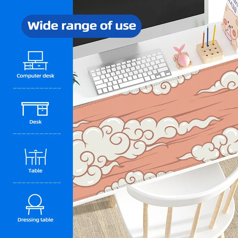 Large cloud pattern mouse pad desk mat with natural rubber non-slip base on wooden desk