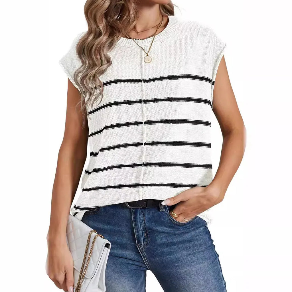 A woman's striped sleeveless V-neck pullover vest on a hanger, showing seam bone stitch detail.