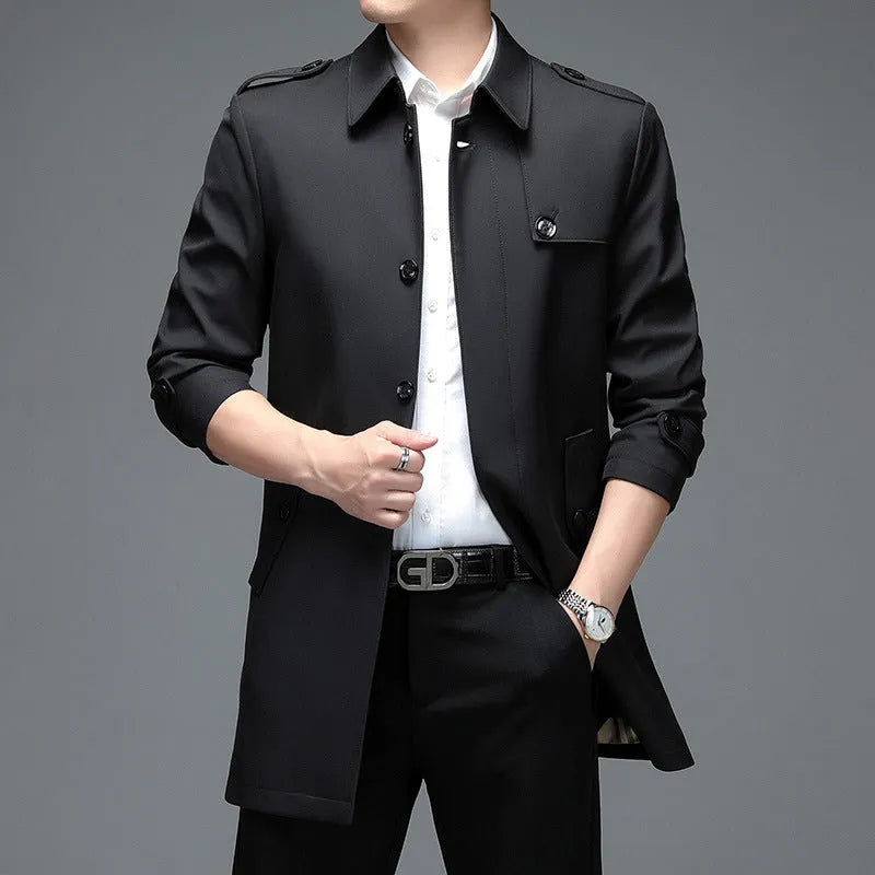 Men's mid-length lapel trench coat in khaki, 65cm length, chemical fibre blend, side view