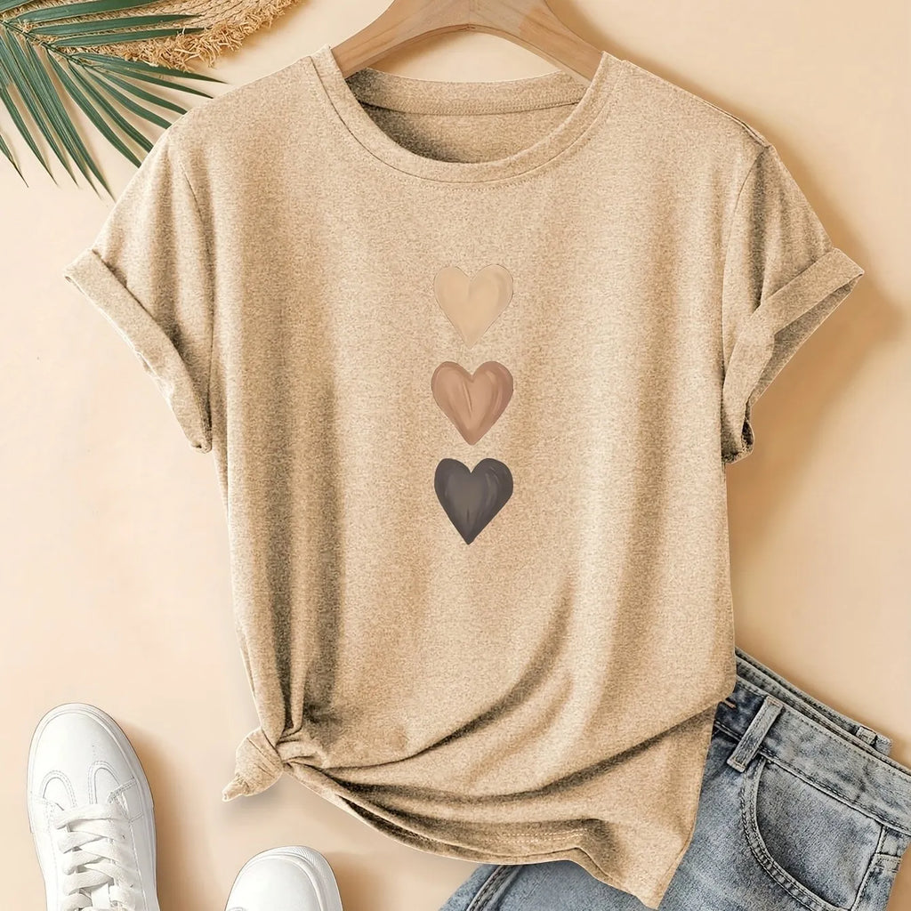Women's pure cotton short sleeve T-shirt with three heart printing in art retro style showing round neck design
