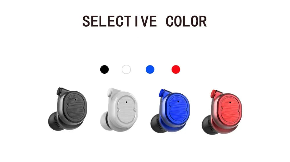 Touch control wireless Bluetooth earbuds in black, white, red, and blue colours showing earbud design.