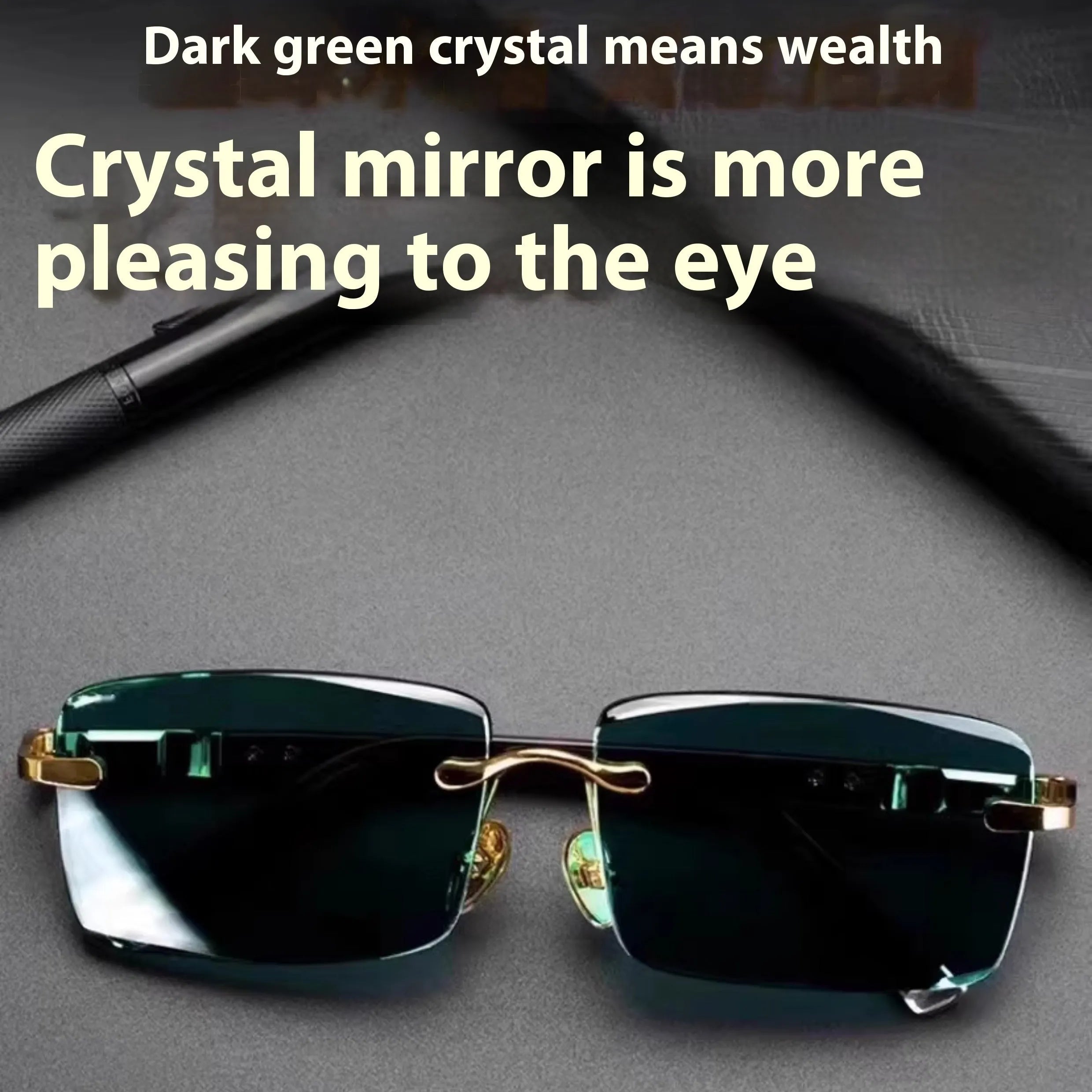 Frameless dark green crystal sunglasses with a minimalist design on a case, showcasing the tinted single-lens construction.