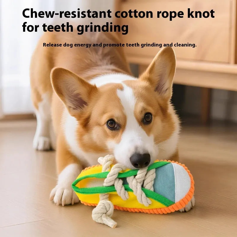 Plastic dog chew toy in yellow, black, or blue colours with a sound-making mechanism.