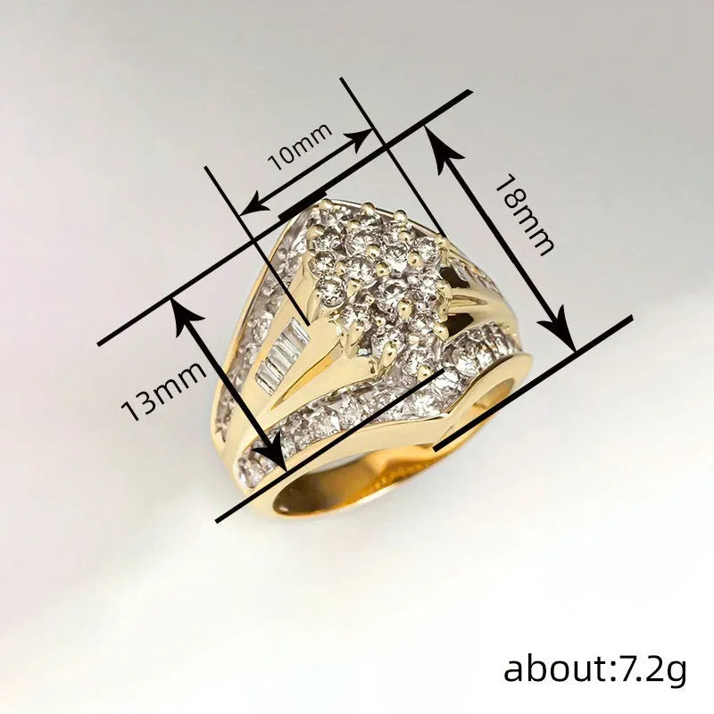 Gold electroplated copper geometric palace style ring shown in sizes 6 to 10