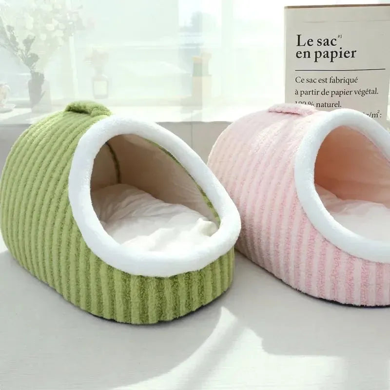 Striped dog bed with removable sponge mattress in blue, green, pink or yellow colour options