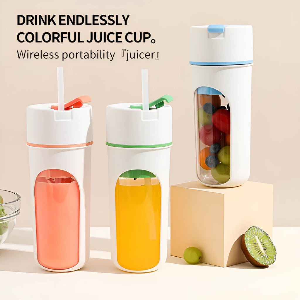 Blue portable USB rechargeable electric juicer and blender with 400ml cup on a kitchen counter.