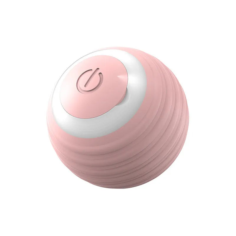 Blue and pink automatic rechargeable moving ball cat toy on a floor.