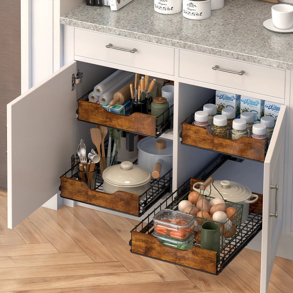 Black stackable kitchen storage rack with a pull-out woven basket drawer on a wood and iron frame.
