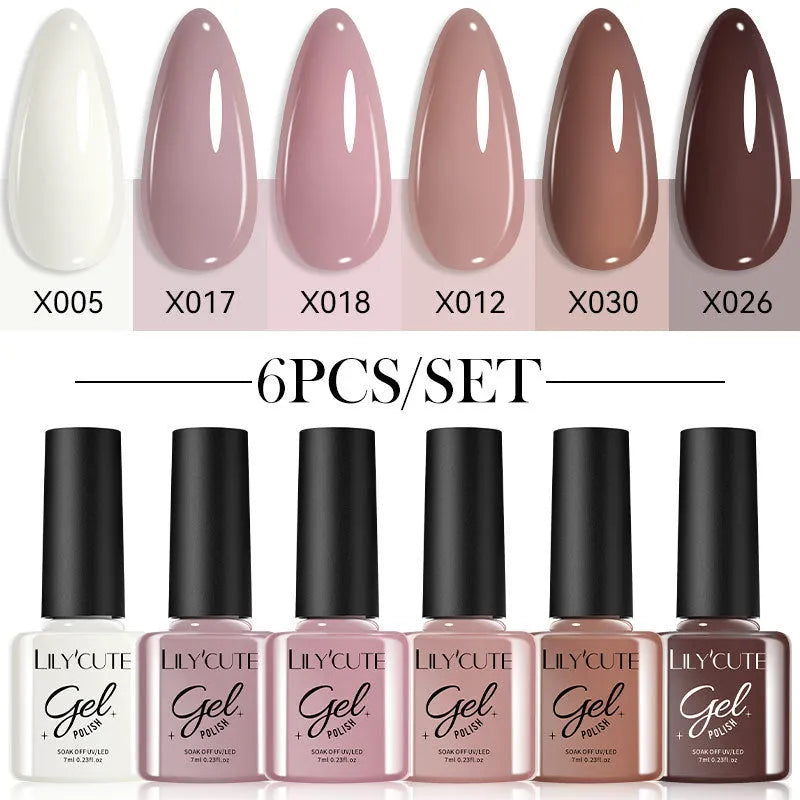 UV gel nail polish set with multiple colour bottles including nude and glitter options for nail art