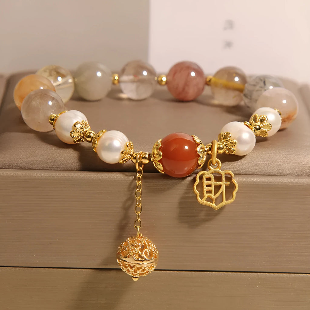 Natural colour hair crystal pearl bracelet for women with Chinese character Cai charm
