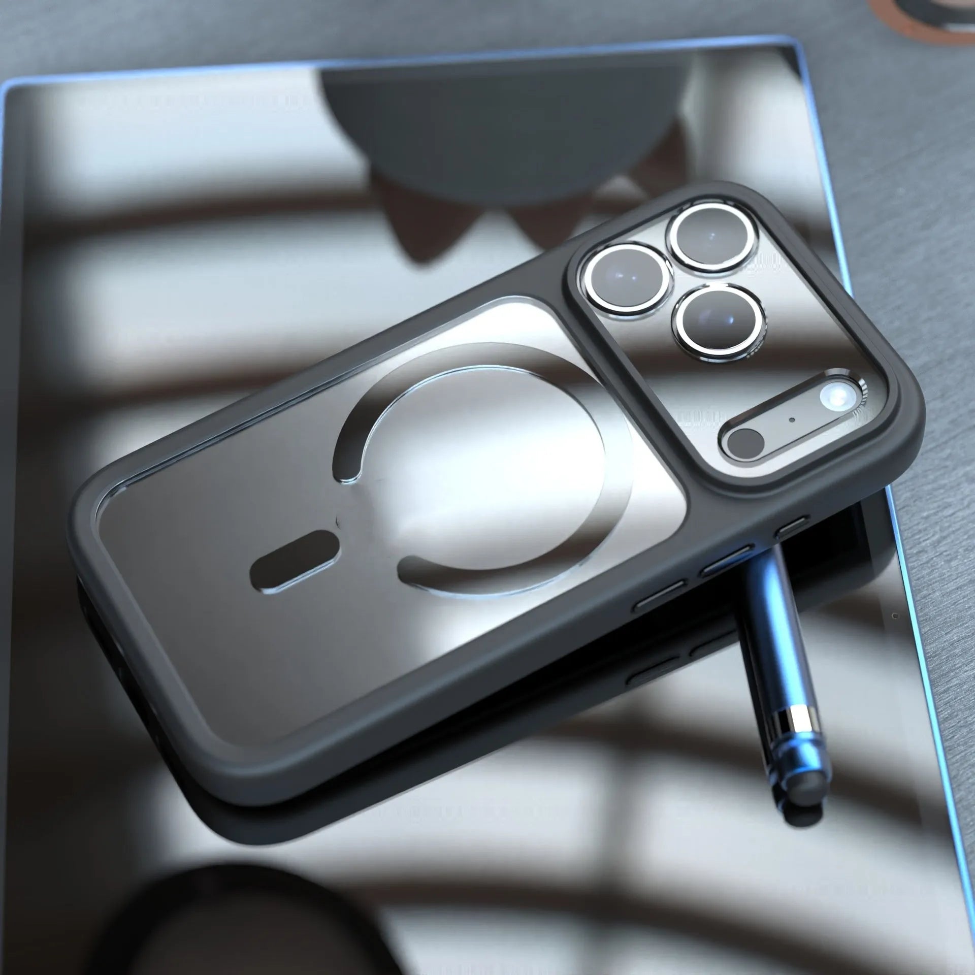 Black two-in-one magnetic shockproof case for iPhone 17 Pro Max on a table