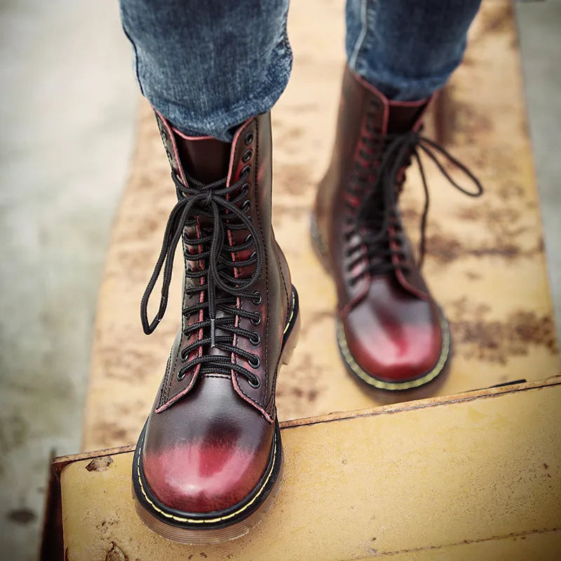 Men's brown leather lace-up casual boots with round toe and flat heel